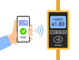 A hand holding a smartphone, buying a ticket through the terminal with NFC technology. Contactless mobile payment in public transport. Vector illustration in flat style