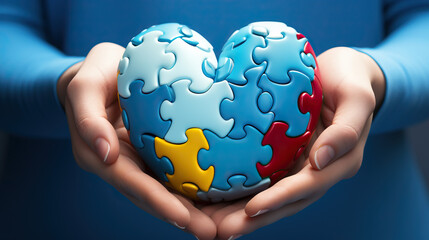 World Autism Awareness Day Concept: Adult and Child Hands Holding a Puzzle Heart on a Light Blue Background