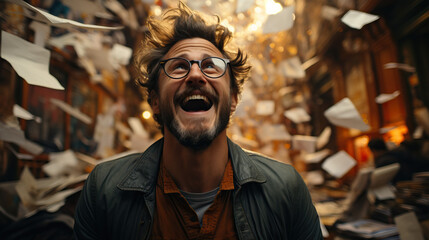 Hipster Guy's Expressive Emotions: Joyful Discounts and Sales in a Vibrant Collage Style