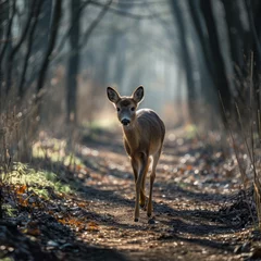Schilderijen op glas roe deer walking in the woods, always alert, listening, fast, calm, cute, spring,  © Jasenko