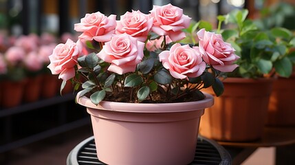 Enchanting Rose Symmetry: Captivating Blooms in a Pot at a Vibrant Selling Shop