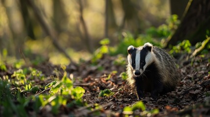 close up of a badger in the forrest sniffing the floor for food, raccoon