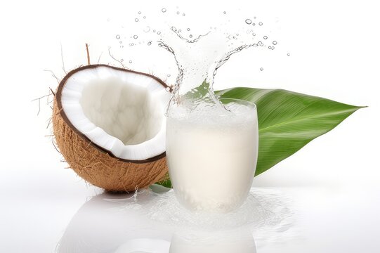 Coconut juice in half fruit with water droplets and leaf isolated on white background.
