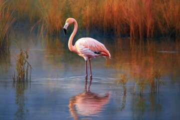 A graceful flamingo in a tranquil marshland. Generative AI