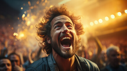 Soccer Spectacle: A World of Celebration in the Stadium, Featuring a Cheering Young Brunette Man with Curly Hair and Beard, Immersed in the Joy of the Beautiful Game