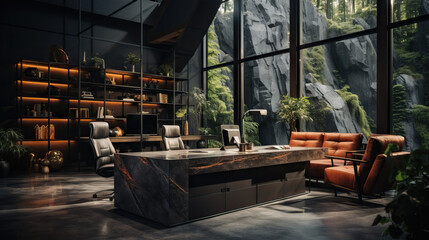 Sophisticated Office Elegance: Luxurious Decor with Dark Concrete, an Impeccable Style that Blends Opulence and Industrial Chic - obrazy, fototapety, plakaty