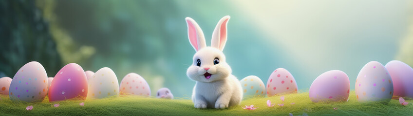 illustration of a cute white 3d rabbit with colored eggs and a blurry background for easter