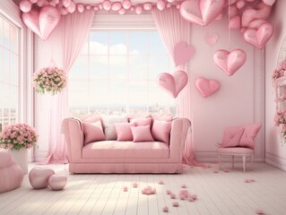 Obraz premium Enchanting Love Haven: A Dreamy Valentine's Day Escape in a Blissful Pink Room