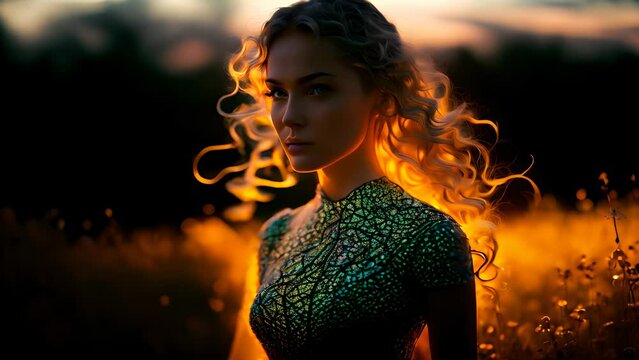Girl in a glowing neon bodysuit on the background of a night landscape. AI
