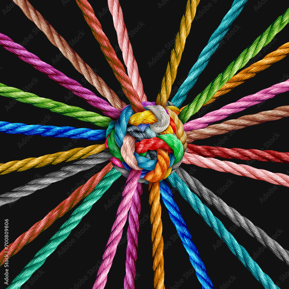 Fototapete Integration concept and Integrated Collaboration or Collective Effort and Unity with teamwork concept as a business metaphor for joining a partnership synergy and cohesion as diverse ropes connected t