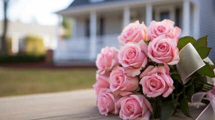 Enchanting Elegance: A Captivating Rose Bouquet Embraces the Front View of a Charming Home