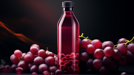 glass bottle with grape juice or drink and ripe red grapes next to them. On a dark background....