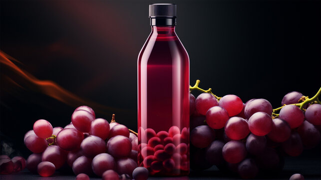 glass bottle with grape juice or drink and ripe red grapes next to them. On a dark background. bottle with space for text, suitable for presentation of a grape drink product