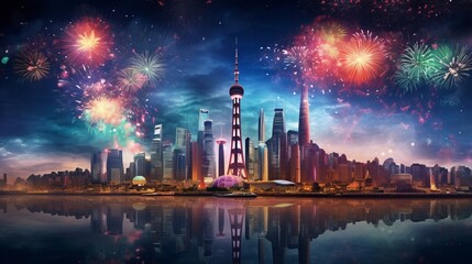 Fototapeta na wymiar City of Lights: Captivating Skyscraper Illuminated by Vibrant Fireworks - Celebrating the Vibrancy and Festivity of Urban Life