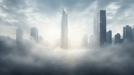Mystical Morning: Enigmatic Skyscraper Shrouded in Ethereal Fog - Captivating Cityscape Stock Image