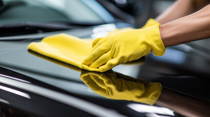 hand of a man in a yellow glove cleaning a car with a microfiber cloth, washing and polishing the surface of the car