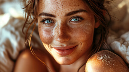 Beautiful smiling young woman with freckles and blue eyes  in her bed - Powered by Adobe