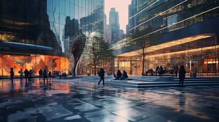 Twilight Tapestry: Dynamic Urban Plaza Unveils Futuristic Cityscape with Blurred Motion and Vibrant Architecture - obrazy, fototapety, plakaty