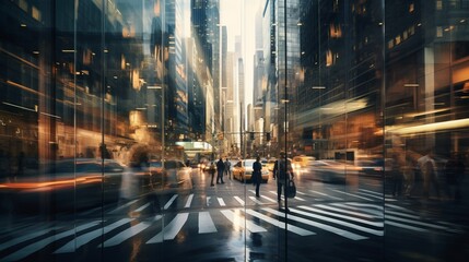 Urban Serenity: Embracing Stillness in the Heart of the City - Captivating Stock Image of a Majestic Skyscraper Amidst the Vibrant Motion of Urban Life - obrazy, fototapety, plakaty