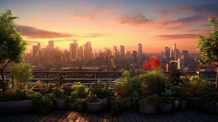 Fototapeta premium Serenity in the Skyline: Captivating Sunset Silhouettes of Urban Rooftop Garden amidst City's Architectural Marvels