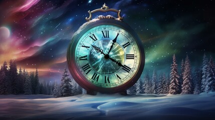 Timeless Wonder: Northern Lights, New Year's Fireworks, and a Snowy Clock in a Captivating Winter Landscape