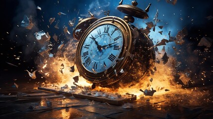 Time's Surreal Symphony: Melting Clocks and Fiery Sparks Illuminate the Fluidity of Existence - obrazy, fototapety, plakaty