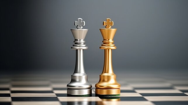 Strategic Showdown: Gilded Rook Challenges Silver Foe in Intense Chess Battle. Unleash Your Competitive Spirit with this Dynamic 3D Illustration. Perfect for Sports and Leisure Enthusiasts!
