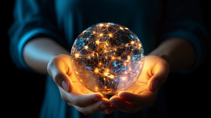 Enigmatic Empowerment: Illuminating the Future with AI Neural Networks - Closeup of Hands Holding Glowing Digital Orb