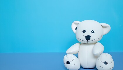 Offbeat teddy bear isolated on blue background with copy space
