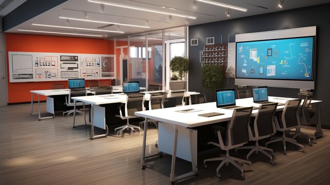 Empowering Collaboration: Futuristic Corporate Training Room with Interactive Touch Screens, Writable Walls, and Modular Furniture for Dynamic Learning Experiences