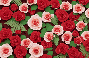 Bunch of red and white roses flowers pattern. Top view, Natural fresh Red & White rose flower bouquet background.Valentines week special illustration idea.