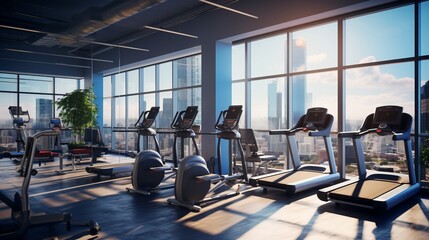 Cityscape Serenity: Energize Your Workday with Breathtaking Views at Our Office Fitness Center - obrazy, fototapety, plakaty