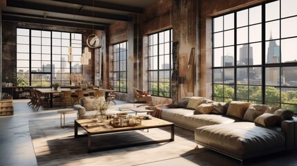 Fototapeta premium Urban Oasis: Captivating Industrial Loft Apartment with Expansive Windows Showcasing the Vibrant Cityscape