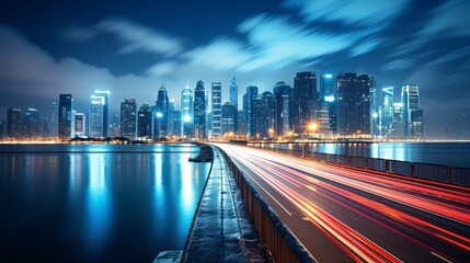 Fototapeta premium Enchanting Nightscapes: Illuminated Coastal Cityscape in Mesmerizing Long Exposure