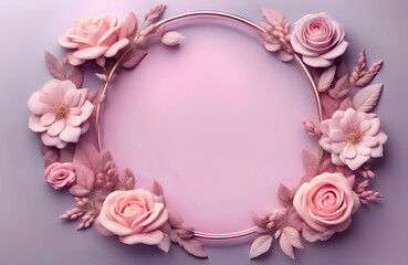 A flower wreath with pink roses and pink background. Minimalism pink rose flower wreath. A round frame with pink flowers.