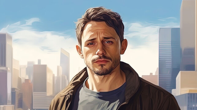 A realistic portrait of a man with a background of urban landscape and skyscrapers