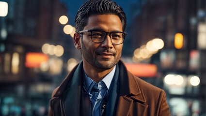 Fototapeta premium Portrait of a brutal business man in glasses on the street