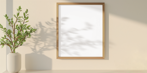 Simple minimalist frame mockup poster hanging on the beige wall with plant decoration. wall background with window light and shadow. Empty frame with reflection, transparency isolated, png