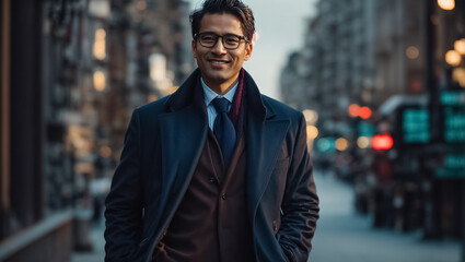 Portrait of a brutal business man in glasses on the street