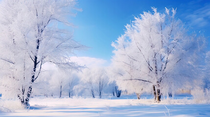 Snow branches of trees against the backdrop of a blue winter sky