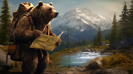 Beartraveler with a backpack and a map