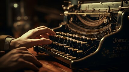 Timeless Creativity: Vintage Typewriter Unleashes the Soul of Writing with Hands Dancing on Keys, Crafting a Masterpiece Manuscript - obrazy, fototapety, plakaty