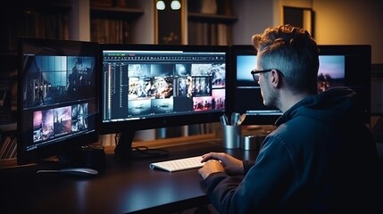 Mastering the Art of Visual Storytelling: Professional Photographer Captivated by High-Resolution Editing Display, Immersed in Creative Process - obrazy, fototapety, plakaty