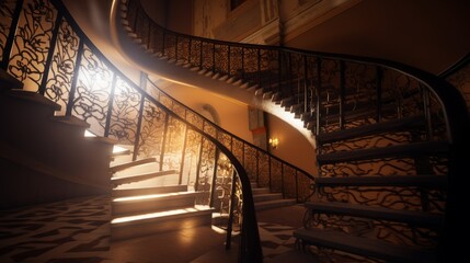 Obraz premium Enchanting Shadows: Captivating Spiral Staircase in an Old Building - A Mesmerizing Blend of Light and Geometry