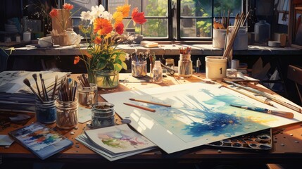 Vibrant Artistry Unleashed: A Captivating Glimpse into the Creative Process - Inspiring Artist's Workspace with Scattered Paintbrushes, Palette, and Canvas - Powered by Adobe