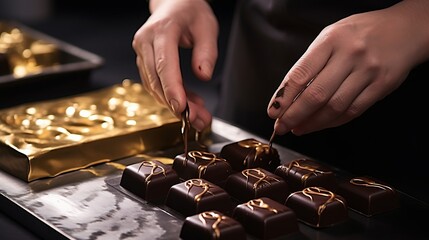 Golden Artistry: Master Chocolatier's Hands Transform Gourmet Chocolates into Edible Masterpieces