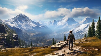 Obraz premium Unveiling Nature's Majesty: Inspiring Mountain Guide Gazing at Breathtaking Scenic Vista