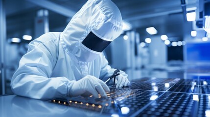 Cutting-Edge Science: Expert Scientist Examining Pristine Semiconductor Wafers in Sterile Clean Room