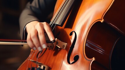 Melodic Mastery: Captivating Closeup of Cello Strings and Fingers in Harmonious Motion - obrazy, fototapety, plakaty
