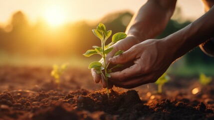 Golden Beginnings: Inspiring Farmer's Hands Nurture Hope and Growth at Sunrise